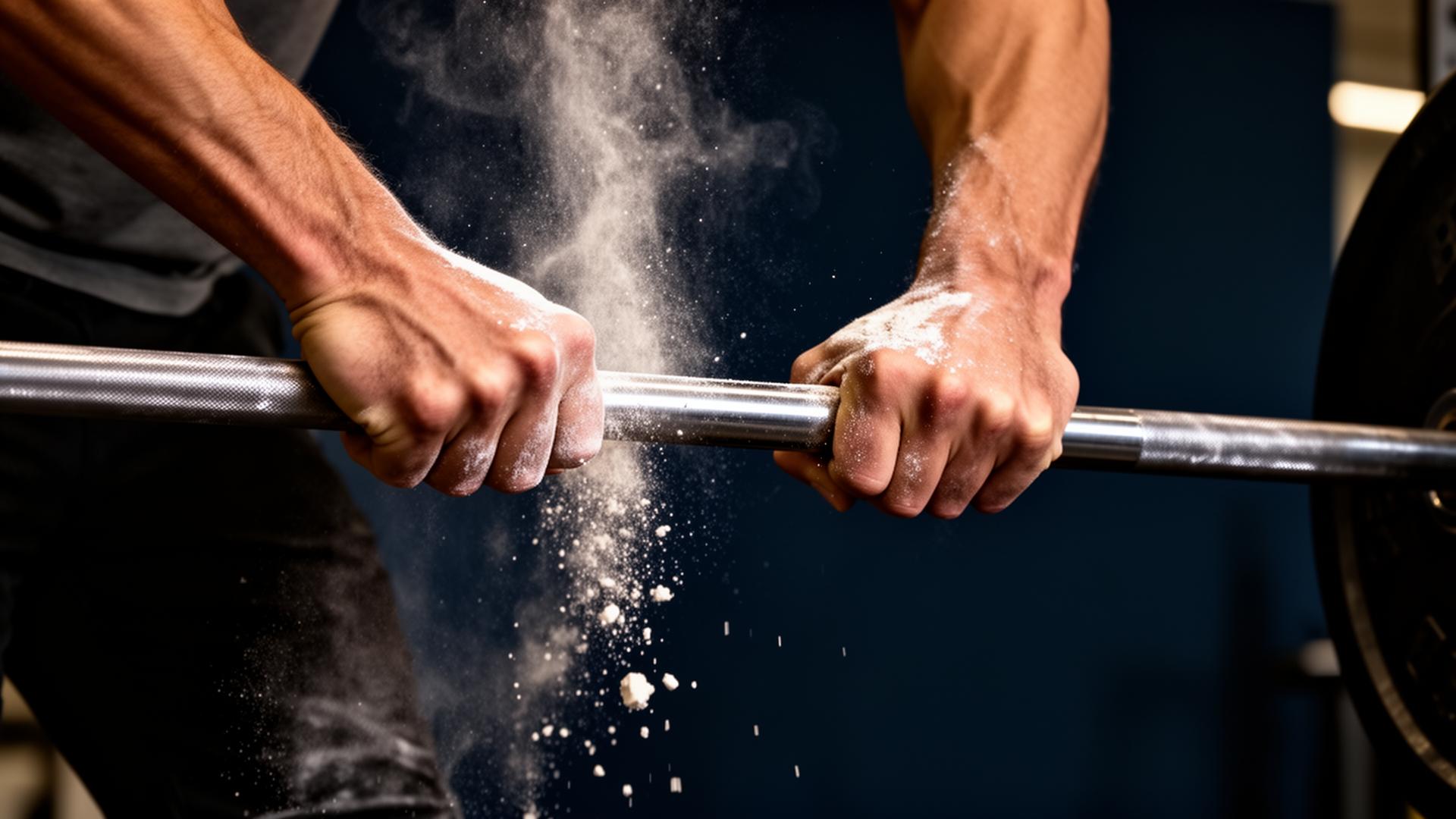 Hands gripping a barbell with chalk dust